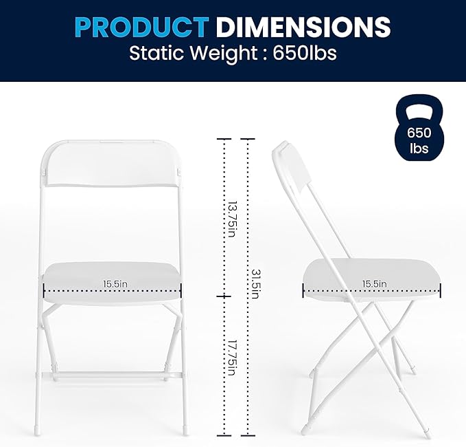 Flash Furniture Hercules Series Plastic Folding Chairs for Parties and Weddings, Stackable Commercial Event Seats with 650-lb. Static Weight Capacity, Set of 6, White