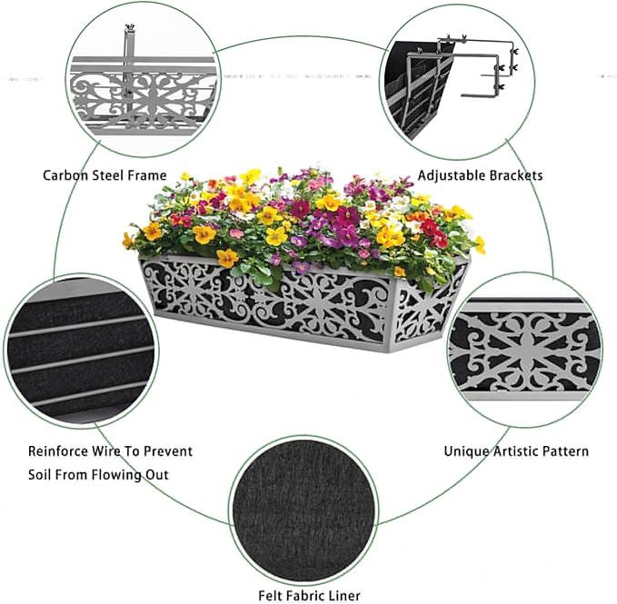 6 Pack 30 Inch Window Boxes Planter for Outdoor Plants Deck Railing Planters Box with Adjustable Brackets for Porch Fence Balcony Hanging Flower Baskets with Non-Woven Fabric Liner for Garden Décor