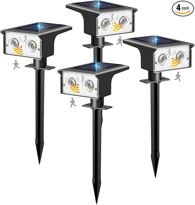 btfarm Solar Spot Lights Outdoor Waterproof, 4 Pack/3 Modes Motion Sensor Lights, Solar Powered Spotlights 2-in-1 Auto On/Off for Outside Pathway Yard Garden Lighting, Cool White