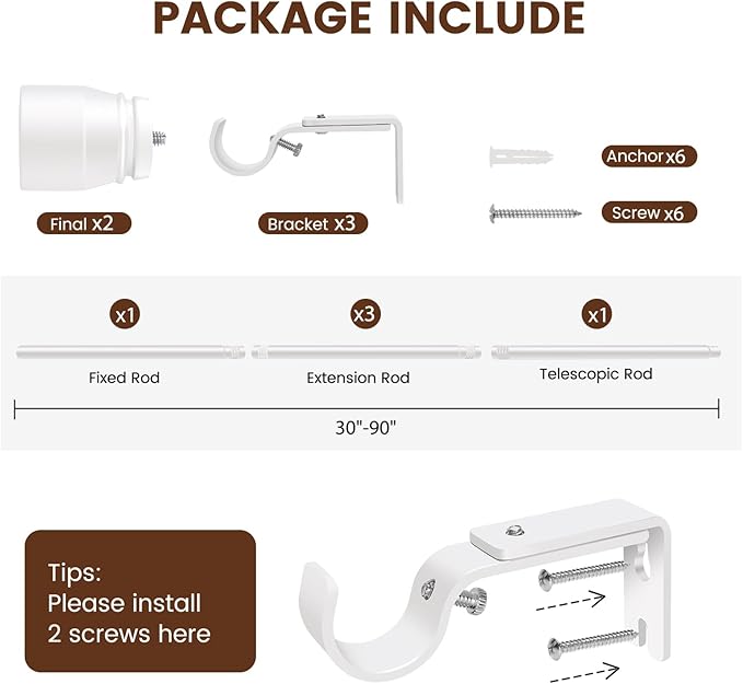 1” Diameter Curtain Rods Itself is 30 to 90 inch 1 Pack Fit 30-84 inch Window with Heavy Duty Adjustable Rod Matte White Splicing Metal Extra Long Curtain Rod for Windows