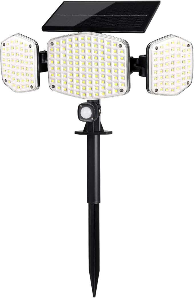 Solar Motion Lights Outdoor with Stake, 208 LED 270° Illumination Security Flood Lights for Yrad Garden Pathway, 3 Modes, IP65 Waterproof, In-Ground or Wall Mount