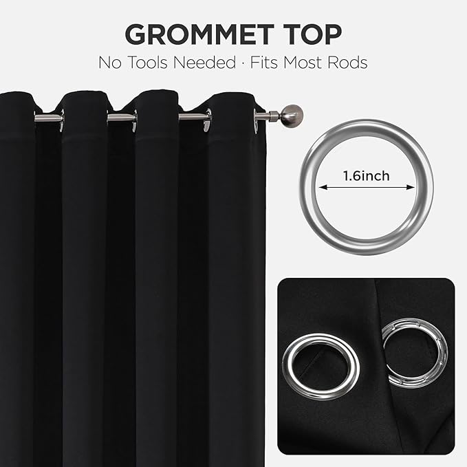 Joydeco Blackout Patio Sliding Door Curtains 90 Inches Long, Grommet Privacy Room Divider Curtains, Extra Wide Thermal Blackout Drapes for Bedroom Living Room (Black, 80Wx90L, 1 Panel)