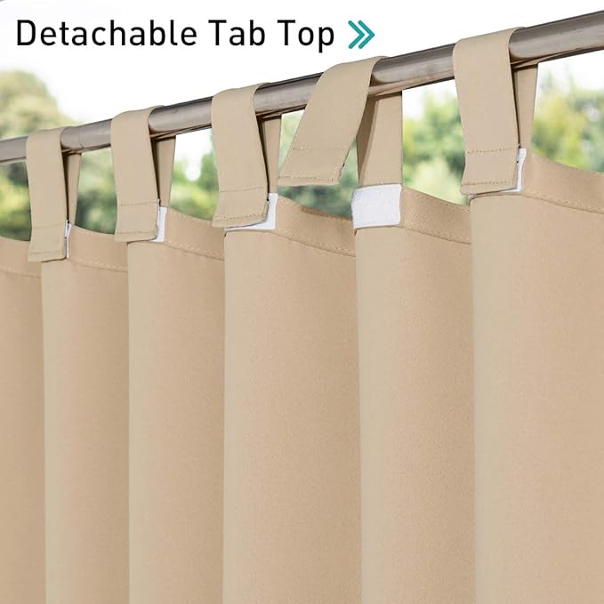 NICETOWN 2 Panels Outdoor Curtainss for Patio Waterproof, Detachable Tab Top Self-Stick Light Blocking Privacy Protect Outdoor Blinds for Pavilion/Indoor Outdoor Dividers, W84 x L84, Biscotti Beige