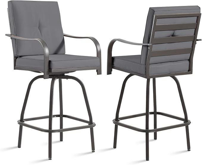 Patio Swivel Bar Stools Set of 2, Outdoor Bar Height Swivel Chairs with Cushions for Garden Balcony Backyard, Grey
