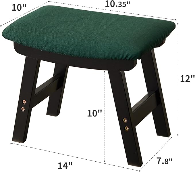 Foot Stool,Ottoman,Bamboo Small Sofa Foot Rest Under Desk,Extra Seating for Living Room, Bedroom and Kitchen (Black Stool Legs - Green Surface)