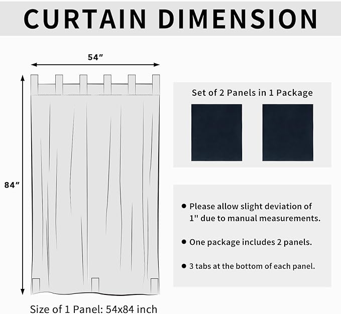 Easy-Going Outdoor Patio Curtains Detachable Tab Top Windproof Weatherproof Curtain for Cabana, Porch, Pergola and Gazebo, Tab Bottom Drape, 2 Panels, 54W x 84L inch, Navy