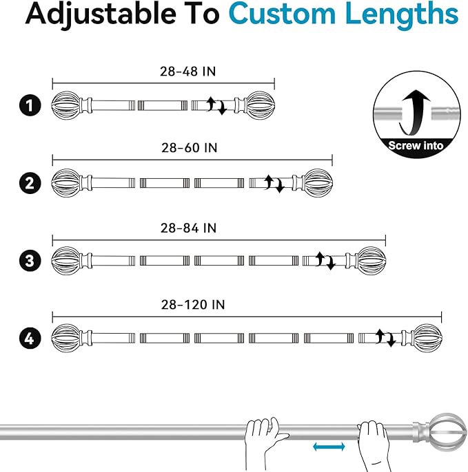 Silver Curtain Rods for Windows 28 to 48 Inch, 2 Pack 5/8" Diameter Heavy Duty Metal Adjustable Small Drapery Rod With Bracket