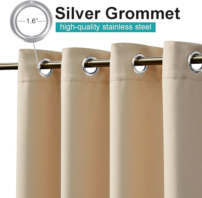 NICETOWN 2 Panels Patio Outdoor Curtains 95 inch Length, Thermal Insulated Silver Stainless Steel Grommet Weighted Room Darkening Indoor Outdoor Drapes for Terrace, Biscotti Beige, W52 x L95