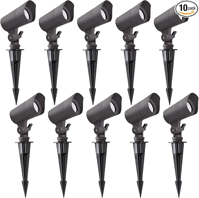 E ENERGETIC LIGHTING LED Landscape Lights with Connectors, 12V Low Voltage, Warm White 3000k, 4W, 175LM, Outdoor Waterproof Garden Pathway Lights Wall Tree Flag Spotlights with Spike Stand, 10 Pack