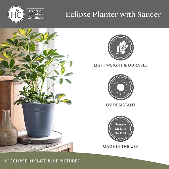 The HC Companies 6 Inch Eclipse Round Planter Pots with Drainage Holes & Attached Saucer, Lightweight UV-Resistant Plastic Indoor Outdoor Planters, 4-Pack Flower Pots for Garden & Home Decor, Peacock