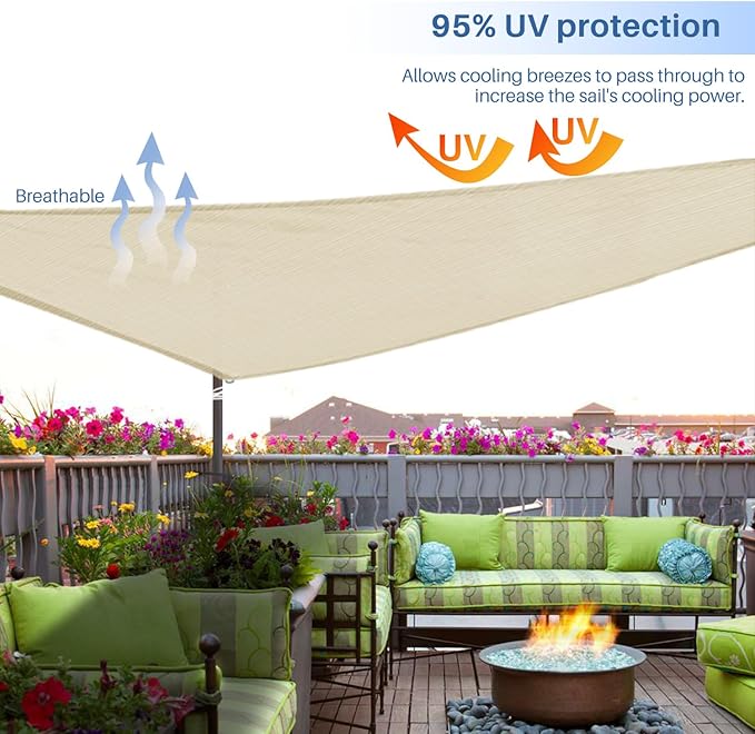 E&K Sunrise 12' x 12' x 12' Sun Shade Sail Triangle Canopy Shade Cover UV Block for Patio Backyard Garden Outdoor (Beige)