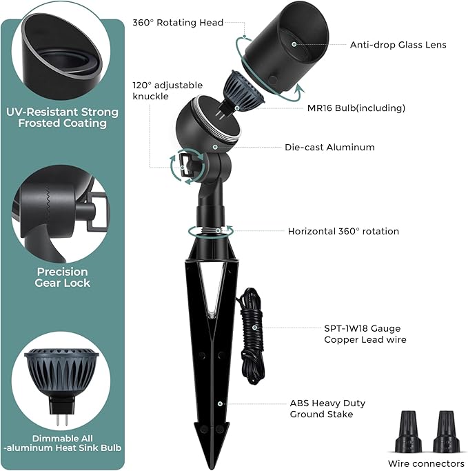 Gardencoin Low Voltage Landscape Spotlight, 12V LED Outdoor Landscape Lighting, Landscape Spot Lights Wired for Garden and Yard, Aluminum Up Lighting Fixture with 5W MR16 Replaceable Bulb (12 Pack)