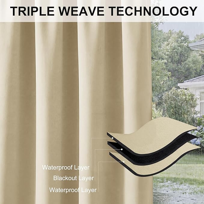 RYB HOME Extra Wide Outdoor Curtains for Patio Waterproof Heavy Duty Thermal Insulated in Summer Full Coverage Privacy for Porch, Cabana & Pergola, W100 x L95, Biscotti Beige, 1 Panel
