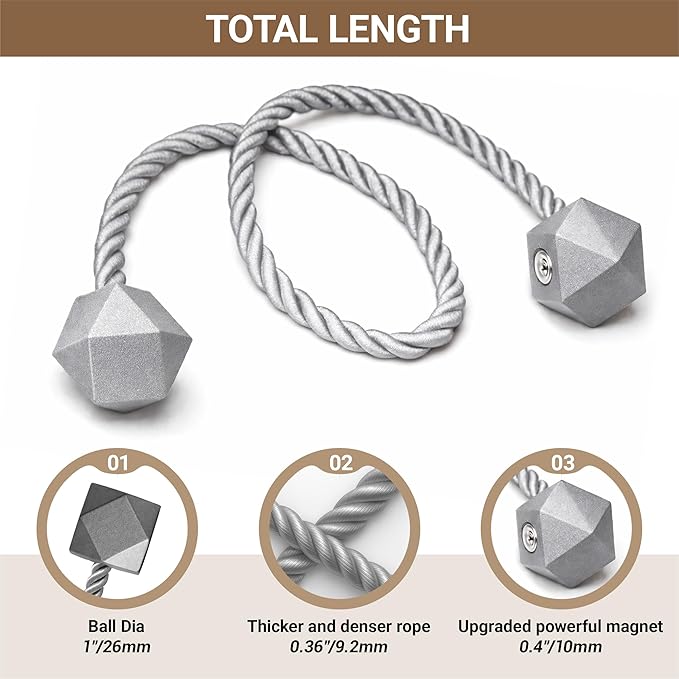 Hion Magnetic Curtain Tiebacks Grey 6 Pack, Curtain Tiebacks Buckles Holdbacks Holders Hooks Clip for Home Bedroom Office Decorative Thick or Thin Curtain