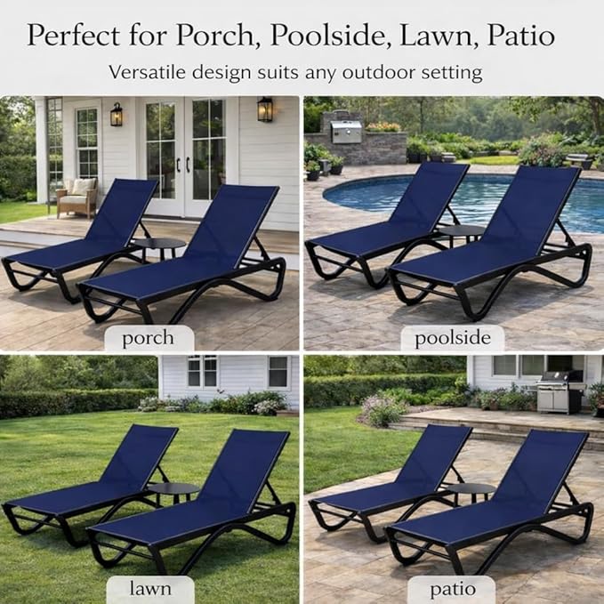 Kozyard Outdoor Chaise Lounge Chair, Full Aluminum Frame, Adjustable Reclining Patio Lounger for Poolside, Sunbathing & Backyard, Textilene (NavyBlue, 2Chairs + Table)