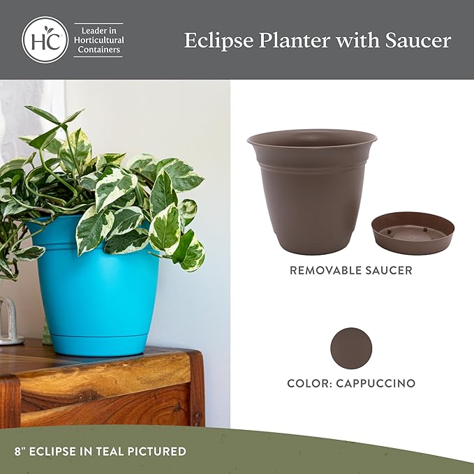 The HC Companies 12 Inch Eclipse Round Planter Pots with Drainage Holes & Attached Saucer, Lightweight UV-Resistant Plastic Indoor & Outdoor Planters, 2-Pack Flower Pots, Garden Home Decor, Cappuccino