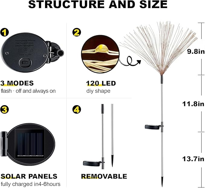 4 PCS Solar Firework Light, Outdoor Solar Garden Decorative Lights 120 LED Powered 40 Copper Wires String DIY Landscape Light for Walkway Pathway Backyard Christmas Decoration Parties (Warm White)