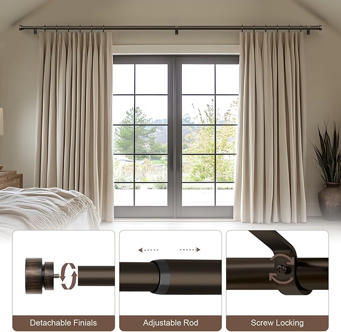 2 Pack Modern Antique Brown Bronze Curtain Rods for Windows 16 to 60 Inches Adjustable Heavy Duty 1" Diameter Window Rod with Decorative Finials for Outdoor Farmhouse Bedroom Kitchen Living Room