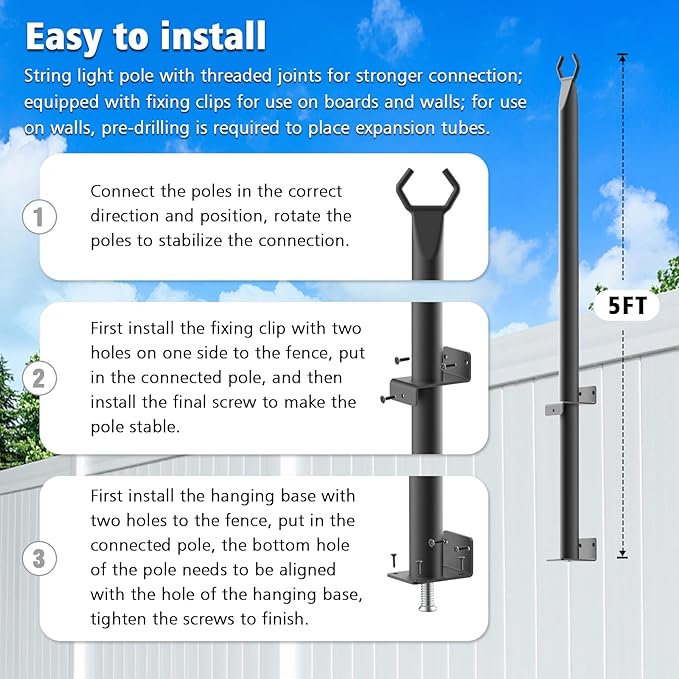AILBTON 10 Pack 5Ft String Light Poles,Light Poles for Outside String Lights,Outdoor Light Poles with Fence Bracket,Metal Pole Stand for Patio,Backyard,Deck