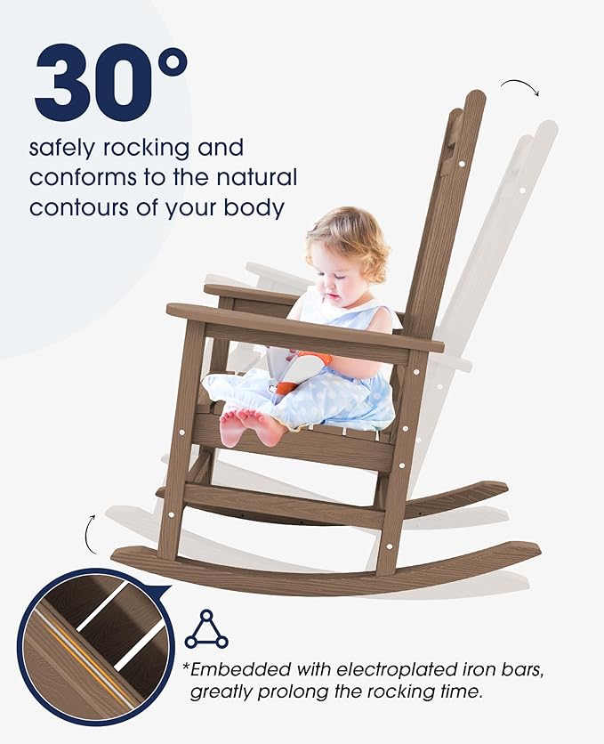 KINGYES Oversized Outdoor Rocking Chair Set of 4, All-Weather Patio Rocking Chairs for Porch, HDPE Outdoor Patio Rockers with High Back & Wide Seat for Garden, Lawn, Brown