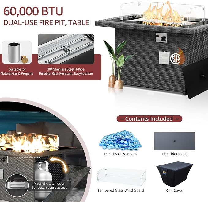 NICESOUL 13 Piece Wicker Outdoor Patio Furniture Set with Fire Pit, XL Size 10-Seater Patio Sectional with Firepit & Chaise Lounge, All Weather 500 lbs Heavy Duty Outside Sofa, Grey & Red