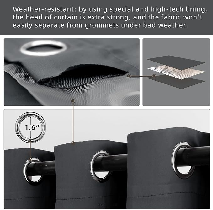 Water Proof Outside Curtains with Grommet Top for Porch, W52 x L120 Thermal Insulated Washable Outdoor Divider Drapes for Patio Gazebo Deck Pool Area Pergola Cabana (Dark Gray, 2 Panels)