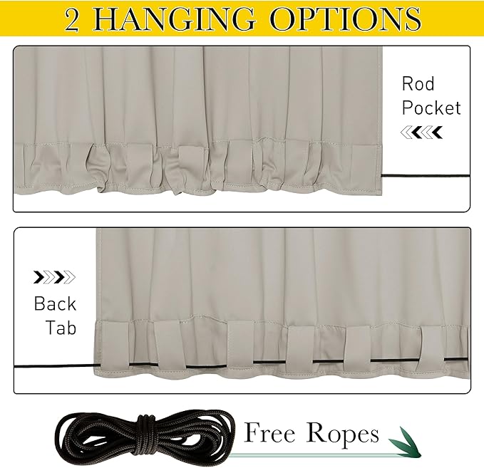 NICETOWN 2 Panels Outdoor Curtains for Patio Extra Wide 84", Waterproof & Windproof Grommet & Back Tab Fixed Top and Bottom Sun Blocking Privacy Drapes with Rope for Gazebo, Natural, W84 x L95