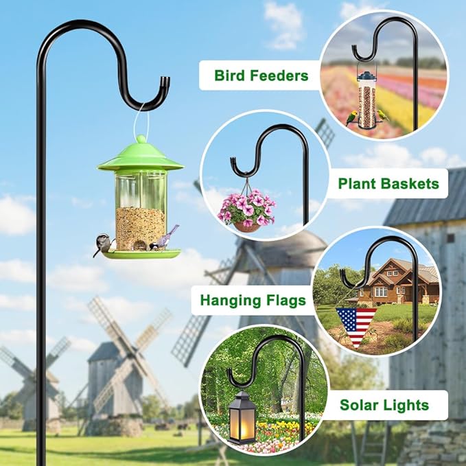 72" Shepherds Hooks for Outdoor, Heavy Duty Bird Feeder Pole with 7 Base Prongs, Adjustable Garden Hanging Holder for Bird Feeders, Solar Light Lanterns, Garden Plant Hanger Stands, 2 Packs