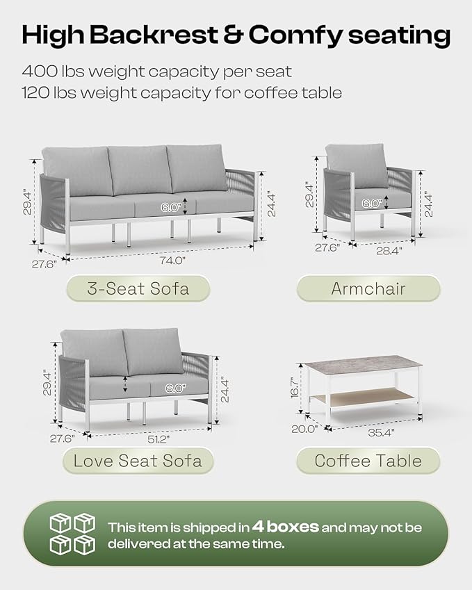 Aluminum Outdoor Patio Couch Loveseat, HDPE Rope Patio Sofa with Washable Thick Cushion, All-Weather Patio Furniture for Balcony, Yard, Silver Frame, Silver