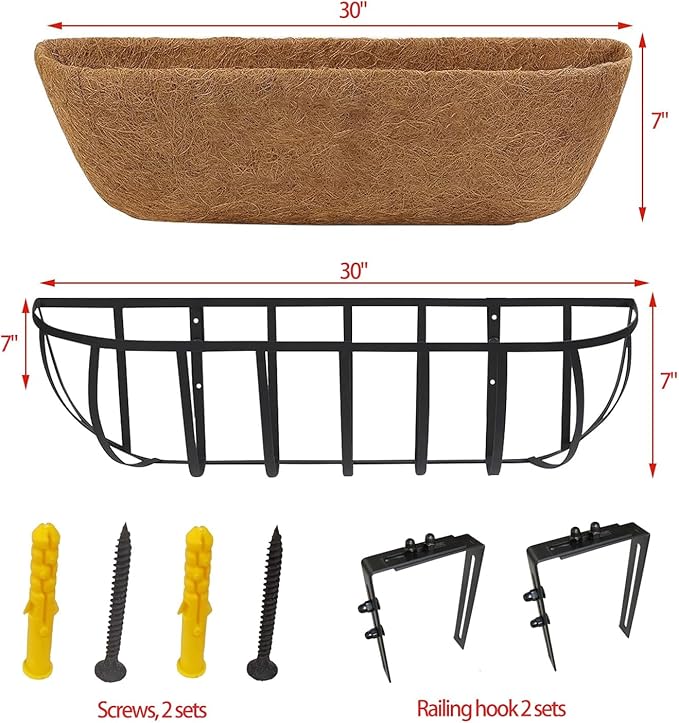 2 Pack 30" Railing Planter Window Box with Coco Fiber Liner Horse Trough Planter The Railing Planter Boxes for Deck Porch Fence Outdoor