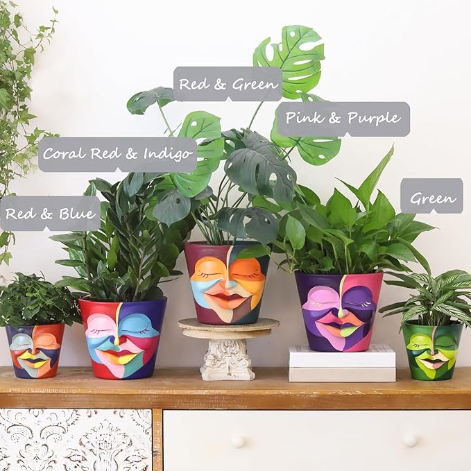 GUGUGO 8 Inch Planter Abstract Rainbow Face Pots for Plants, Unique Head Planters Pots with Drainage, Cute Eclectic Flower Pot for Garden, Colorful Funny Room Decor (Mainly Green)