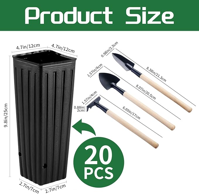 20 Pcs Plastic Deep Nursery Pots,9.8" Tall Tree Pots,Tall Nursery Tree Pots Plant Deep Seedling Pots, Flower Plant Container Pots with 3 Pcs Garden Tools for Indoor Outdoor Use