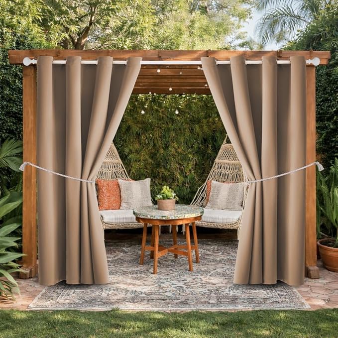 Water Proof Outside Curtains with Grommet Top for Porch, W52 x L120 Thermal Insulated Washable Outdoor Divider Drapes for Patio Gazebo Deck Pool Area Pergola Cabana (Camel Brown, 2 Panels)