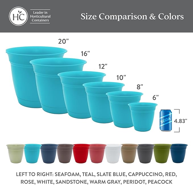 The HC Companies 12 Inch Eclipse Round Planter Pots with Drainage Holes & Attached Saucer, Lightweight UV-Resistant Plastic Indoor Outdoor Planters, 2-Pack Flower Pots for Garden & Home Decor, Peridot