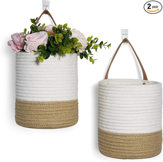 Goodpick 2pack Jute Rope Hanging Basket - Small Woven Fern Wall Hanging Baskets Flower Plants, Woven Basket Key Storage Baskets, White and Jute 7.87 x 7 x 11.7 inches