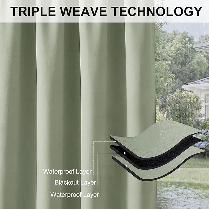 RYB HOME Outdoor Curtains for Patio Waterproof Block Sunlight Thermal Insulated Privacy Assured Thick Outside Curtains for Porch, Gazebo, Pergola, W52 x L84, Sage Green, 1 Panel