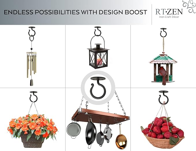 RTZEN Plant Hangers Indoor or Outdoor - Wrought Iron Metal Hanger Indoor Hook - Heavy Duty Wall Bracket Hooks for Hanging Plants Baskets Lanterns Wind Chimes - 2 Pack (Large Black Ceiling Hooks)