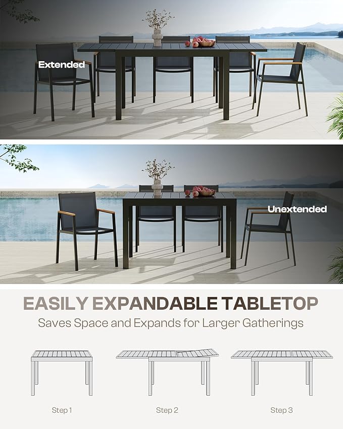 Expandable Outdoor Patio Dining Table Set for 6-8 Person, Aluminum Outdoor Table and 8 Chairs with Textilene Fabric & HDPS Armrest, All-Weather Patio Furniture Set for Yard, Deck, Gray