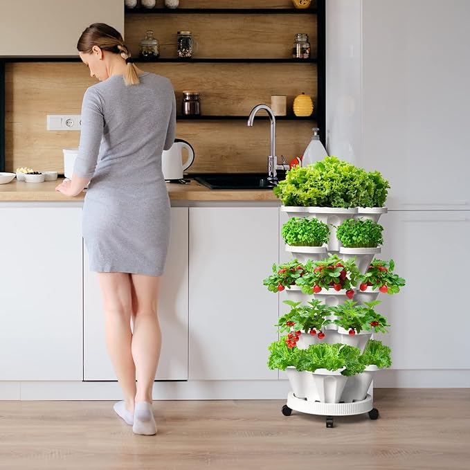 7 Tiered Strawberry Vertical Planter Tower Garden 3 Pack, Stackable Planter Herb Garden Planter with Movable Casters and Bottom Saucer Indoor and Outdoor - White