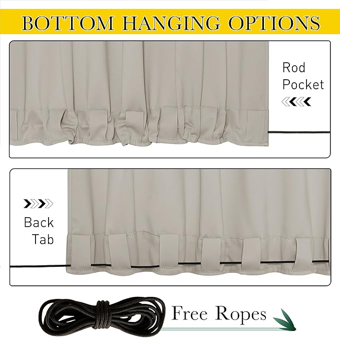 NICETOWN 2 Panels Natural Gazebo Curtains Outdoor Waterproof & Windproof, Top & Bottom Rod Pocket & Back Tab Windproof Privacy Outdoor Curtains Blackout Blinds with Fixed Rope for Patio, W52 x L95