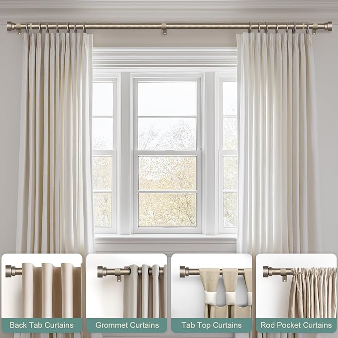 2 Pack Retro Silver Curtain Rods Set for Windows 66 to 120 Inches Adjustable Length Heavy Duty 1" Diameter Window Curtain Rod with Decorative Finials for Outdoor Bedroom Kitchen Living Room Farmhouse