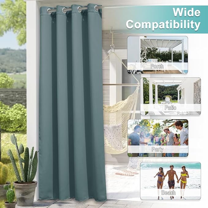NICETOWN Outdoor Curtain for Patio Waterproof Extra Wide 100 in, Sun Blocking Vertical Blinds Thermal Insulated Stainless Grommet for Front Porch/Gazebo/Pergola, Slate Gray, 1 Piece, 84 in L