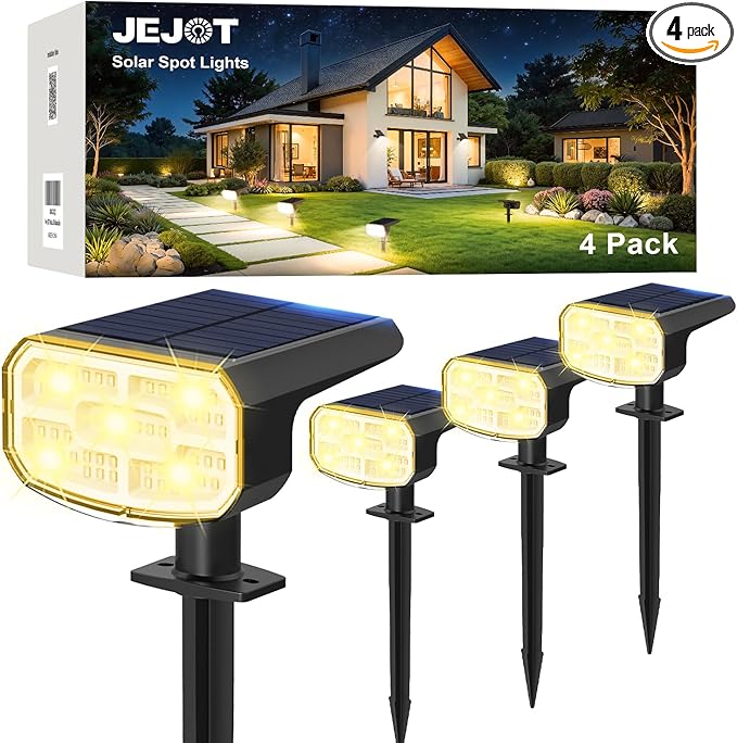 Solar Lights Outdoor Waterproof IP65, Super Bright LED, 3000K 2 Lighting Modes, Solar Powered Yard Garden Solar Spot Lights for Outside Landscape Auto On/Off -4 Pack