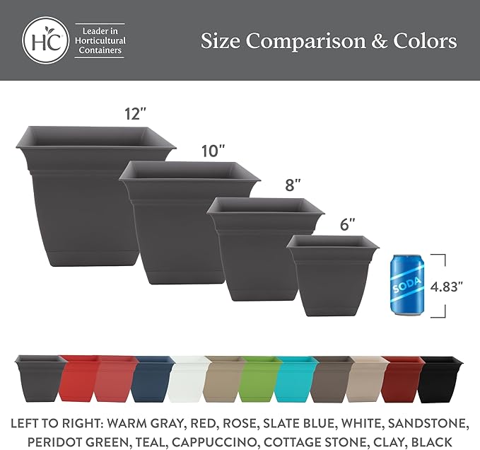 The HC Companies 8 Inch Eclipse Square Planter Pots with Drainage Holes & Attached Saucer, Lightweight UV-Resistant Plastic Indoor Outdoor Planters, 4-Pack Flower Pots for Garden & Home Decor, White