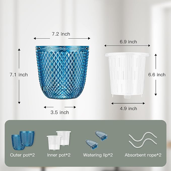 QCQHDU 2 Pack Self Watering Pots, 7.2 Inch Flower Pots with Drainage Holes and Water Filling Port, Garden Planter for Indoor Outdoor Plants (Klein Blue)
