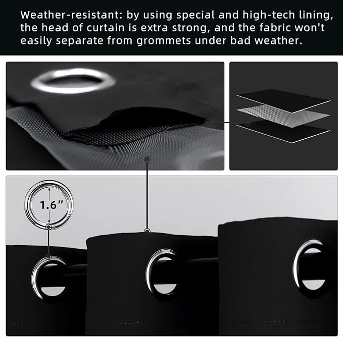 Water Proof Outside Curtains with Grommet Top for Porch, W52 x L132 Thermal Insulated Washable Light Block Outdoor Divider Drapes for Patio Gazebo Deck Pool Area Pergola Cabana (Black)