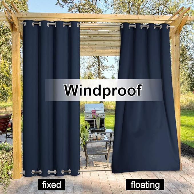 NICETOWN Gazebo Curtains Outdoor Waterproof & Windproof 95 inch Length 2 Panels, Top and Bottom Wind-Break Outdoor Dividers Thermal Insulated Blackout Blinds for Patio, Navy Blue