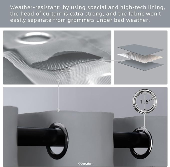 Water Proof Outside Curtains with Grommet Top for Porch, W52 x L120 Thermal Insulated Washable Outdoor Divider Drapes for Patio Gazebo Deck Pool Area Pergola Cabana (Light Gray, 2 Panels)