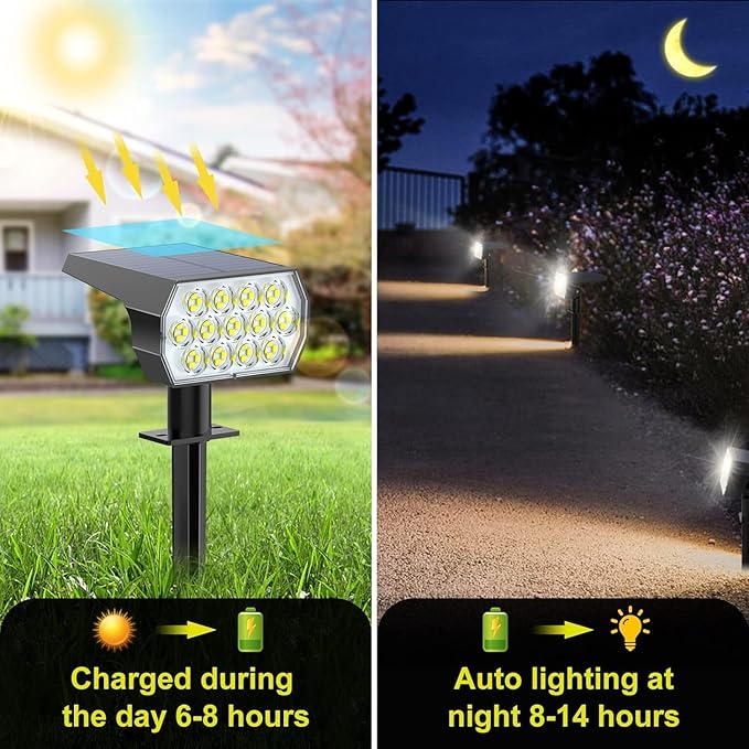 Solar Spot Lights Outdoor Waterproof IP65, [6 Pack/52 LED] 2-in-1 Solar Landscaping Spotlights, 3 Lighting Modes Solar Powered Garden Flood Light for Patio Pathway Driveway Yard Pool (Cool White)