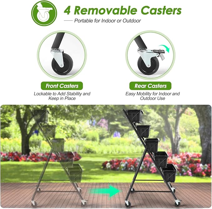 Suyncll Vertical Raised Garden Bed Planter Box, 5 Tiers Vertical Garden Planter with Drainage System and 4 Hooks for Plants Vegetables Flowers (Black with Wheels)